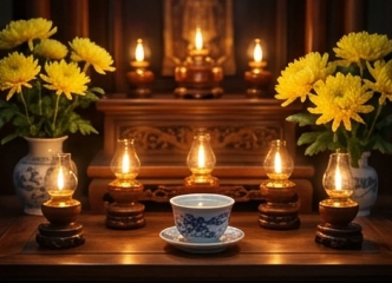 Mâm lễ cúng dâng sao giải hạn được chuẩn bị trang nghiêm để cầu bình an cho gia chủ
