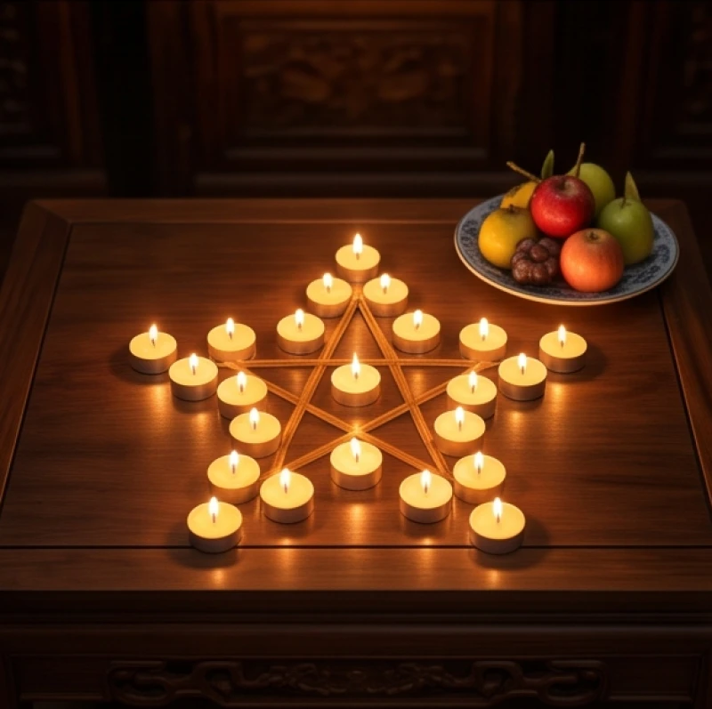Mười lăm ngọn nến được thắp sáng rực rỡ và xếp theo sơ đồ tinh tú nhằm hóa giải hạn sao Vân Hớn