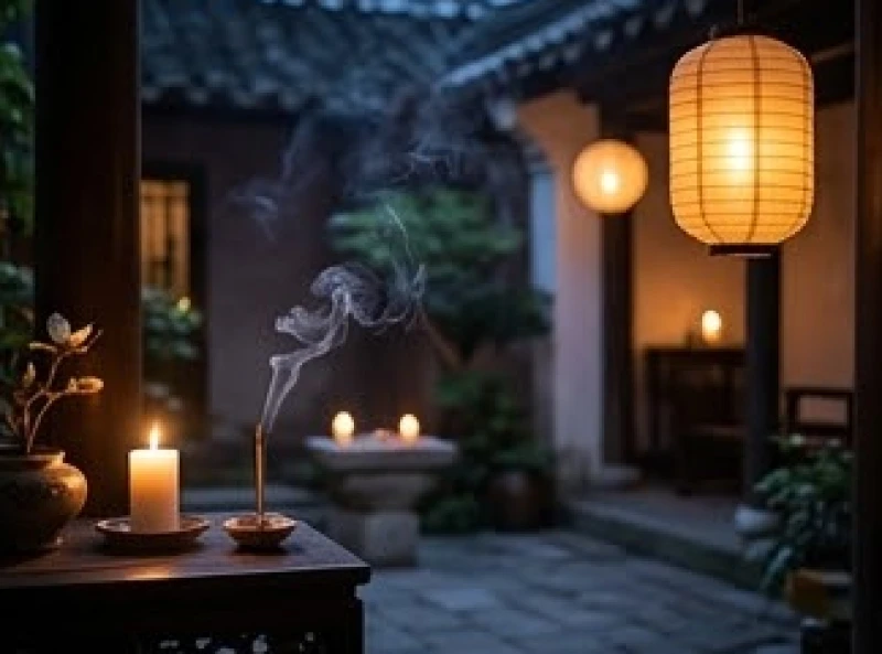 Khung cảnh thanh tịnh với ánh sáng đèn lồng và hương trầm lan tỏa khi gia chủ chuẩn bị làm lễ dâng sao