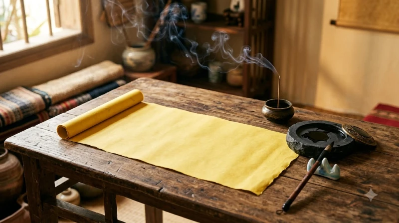 Tờ giấy màu vàng ghi dòng chữ Nho bằng mực đen bên cạnh chiếc bút lông tĩnh mịch