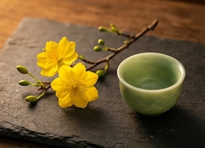 Cành hoa mai vàng đặt cạnh chén ngọc rỗng tĩnh lặng gợi nhắc nữ mạng về sự cẩn trọng với sao La Hầu và hạn Diêm Vương