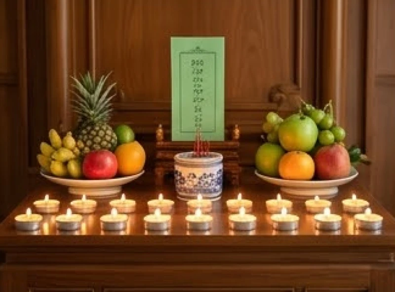 Mâm lễ vật cúng sao giải hạn được trang hoàng với trái cây tươi và nến thắp sáng