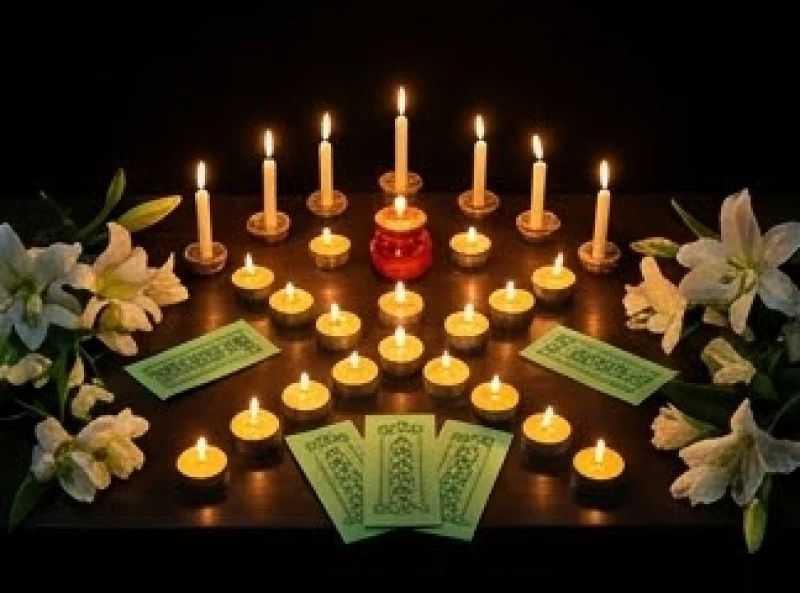 Mâm lễ cúng sao Mộc Đức với những ngọn nến sáng và bài vị giấy màu xanh