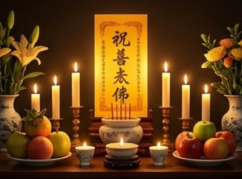 Bài vị màu vàng và mâm lễ vật được bài trí trang nghiêm cúng sao Thái Âm nữ mạng