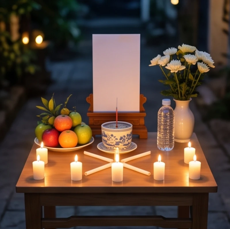 Mâm lễ cúng sao Thái Bạch với bài vị trắng và tám ngọn nến rọi sáng hóa giải vận hạn