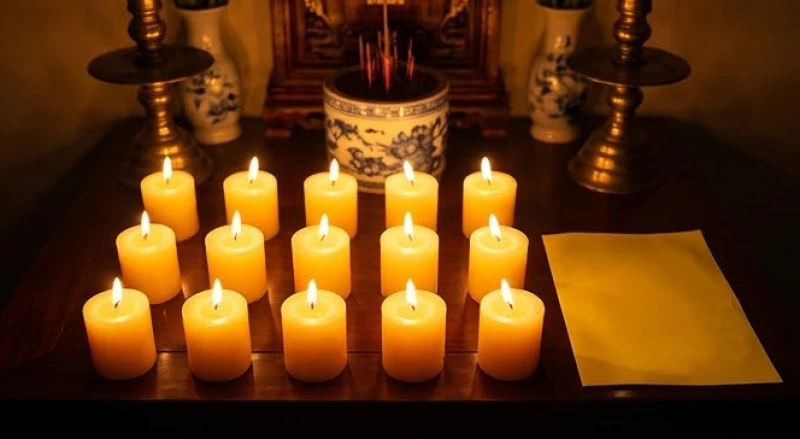 Bài vị màu vàng và 12 ngọn nến được thắp sáng rực rỡ để cúng sao Thái Dương.