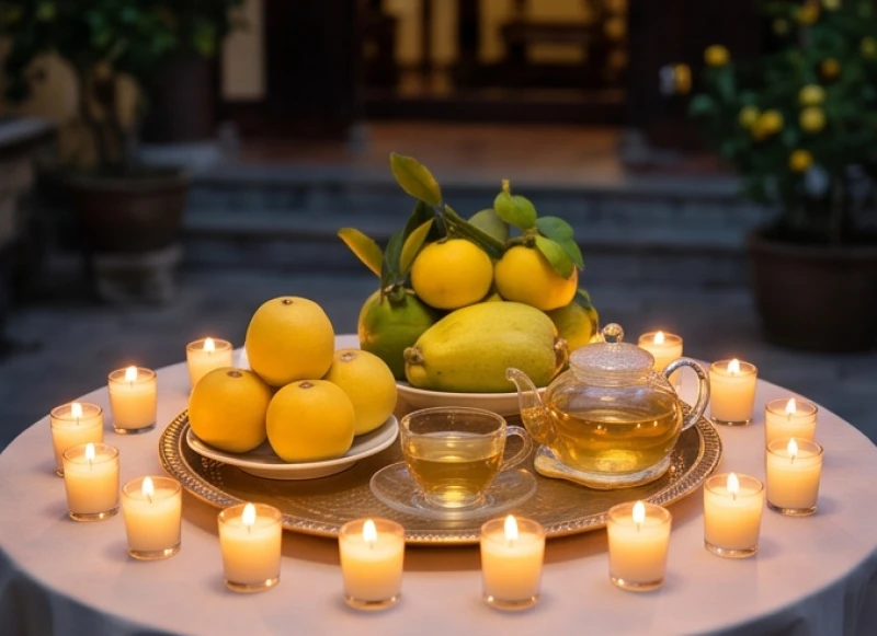Mâm lễ cúng dâng sao Thái Dương với 12 ngọn nến và bài vị màu vàng