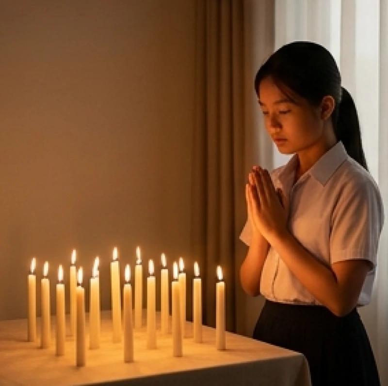 Tử vi tuổi Nhâm Thìn 2012 năm 2027: Sao hạn thi cử và cách giải 10 Thiếu nữ 15 tuổi đang chắp tay thành tâm cầu nguyện trước mâm cúng 12 ngọn nến quay về phương Đông