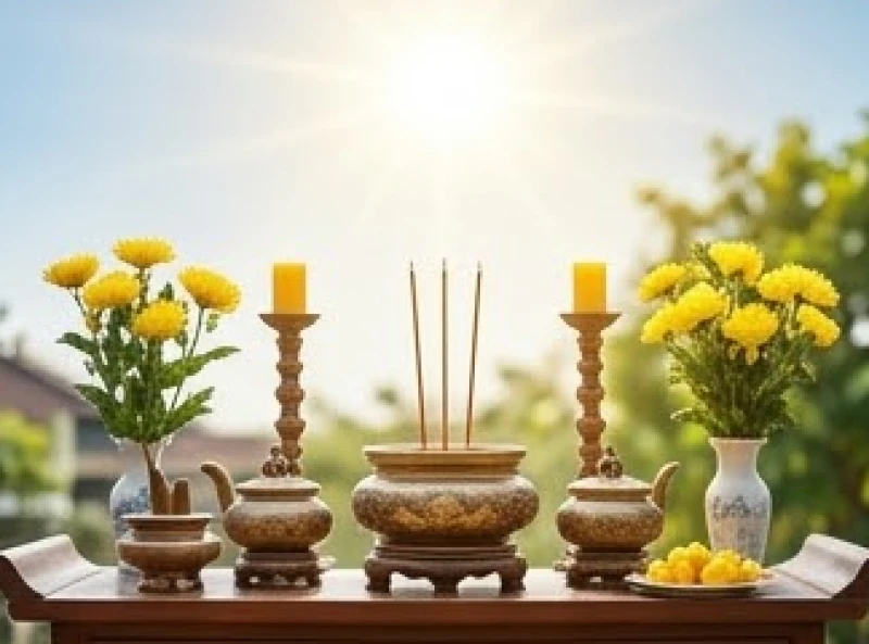 Tử vi tuổi Đinh Mão 1987 năm 2026: Trình tự cúng sao và xét đại hạn 7 Mâm cúng sao Thái Dương được đặt trang nghiêm hướng về phía mặt trời mọc vào buổi trưa