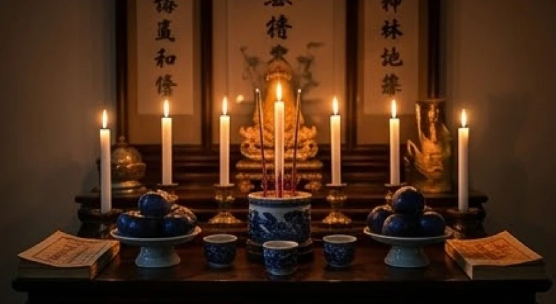 Tử vi trọn đời tuổi Quý Mùi 1943 nam mạng: Hậu vận chi tiết 6 Mâm lễ vật cúng sao Thủy Diệu với ánh nến lung linh được bài trí trang nghiêm hướng về chính Bắc