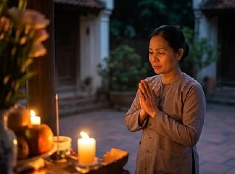 Văn khấn cúng sao giải hạn tại nhà: Sơ đồ nến, bài vị & mâm lễ 3 Người phụ nữ chắp tay thành kính cầu bình an dưới ánh nến lung linh trong nghi lễ cúng sao giải hạn