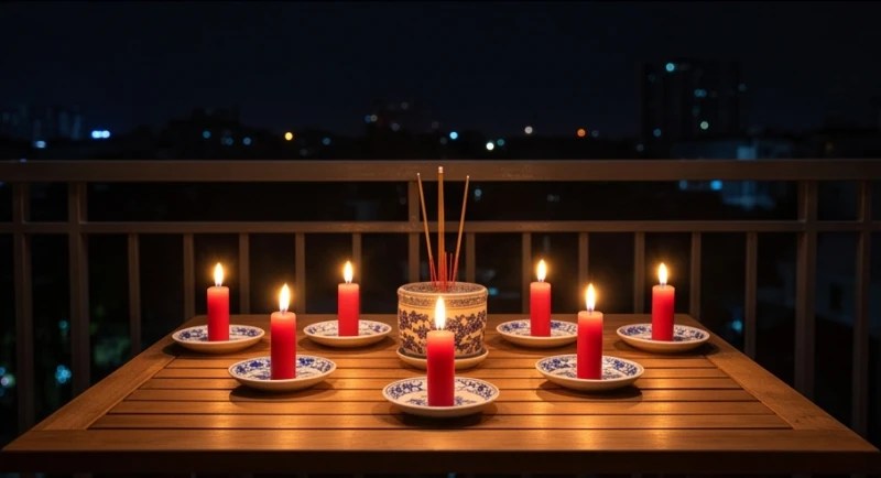 Bàn cúng sao được đặt ngoài ban công trong đêm tối với những ngọn nến lung linh an toàn trên đĩa sứ