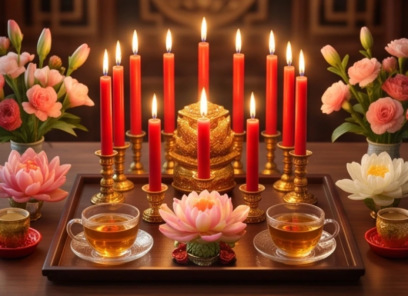 Mâm cúng giải hạn với 15 ngọn nến đỏ, hoa tươi và trà nước sắp xếp trang nghiêm