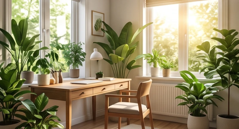 Góc làm việc thư giãn ngập tràn cây xanh và ánh sáng tượng trưng cho phương vị Sinh Khí vượng tài