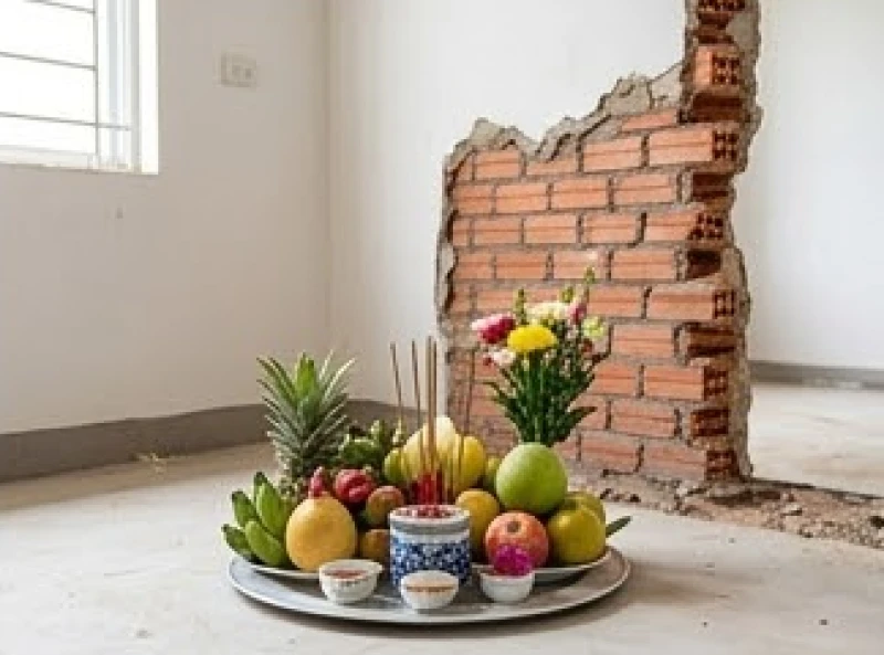 Văn khấn động thổ xây nhà: Bài cúng chuẩn và thủ tục trọn vẹn 8 Một mâm lễ nhỏ gồm hoa quả tươi và nhang đèn được đặt gọn gàng cạnh bức tường đang đập phá dở dang