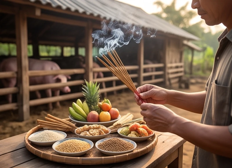 Người nông dân thắp nhang dâng lễ tạ chuồng trại vào dịp cuối năm để cầu xin mưa thuận gió hòa cho lứa mới