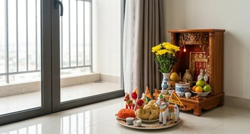 Văn khấn tạ đất đầu năm: Sắm mâm lễ và trình tự cúng bài bản 3 Mâm lễ tạ đất được bày gọn gàng trước ban thờ Thần Tài Thổ Địa trong căn hộ chung cư