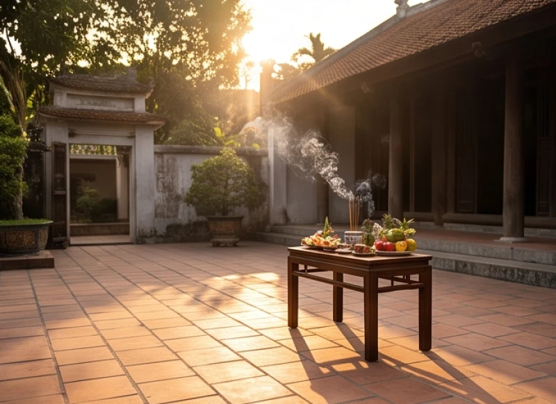 Văn khấn tạ lễ Tam Tai cuối năm: Mâm cúng, ngày giờ và bài khấn 6 Khung cảnh một buổi chiều tháng Chạp quang đãng với mâm cúng tạ ơn được chuẩn bị chu đáo giữa sân gạch truyền thống