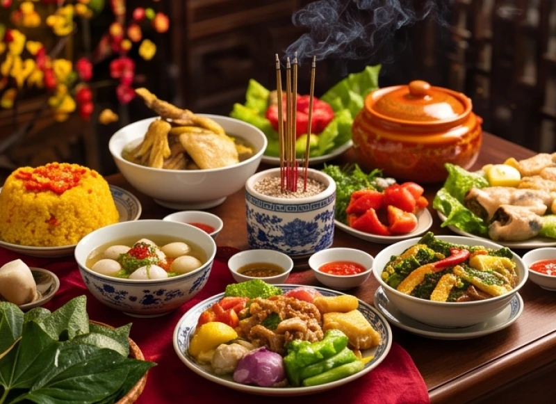 Mâm cỗ mặn sung túc tạ ơn chư vị thần linh dịp rằm tháng Chạp cuối năm