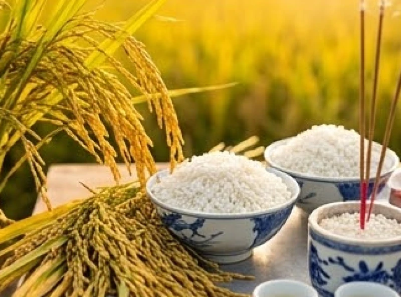 Bát cơm mới trắng ngần dâng lên bàn thờ tạ ơn Thần Nông bên cạnh những bông lúa chín vàng