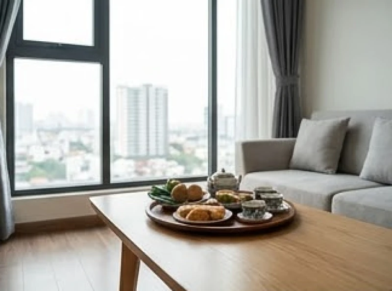 Cách ghi địa chỉ trong văn khấn: Quy tắc điền chuẩn nghi thức 6 Mâm cúng nhỏ được bày biện tươm tất tại không gian phòng khách của một căn hộ chung cư cao tầng