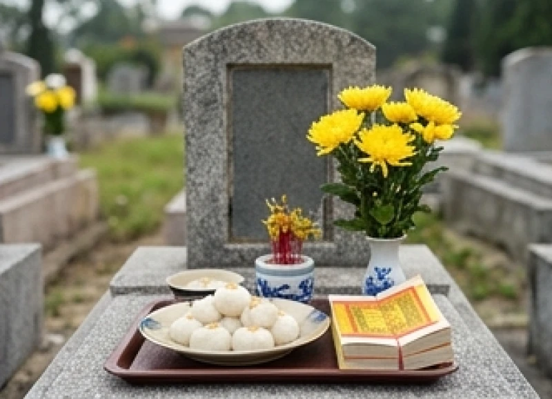 Khay lễ vật giản dị với bánh trôi, bánh chay và hoa cúc tươi được đặt cẩn thận trước phần mộ tổ tiên tại nghĩa trang