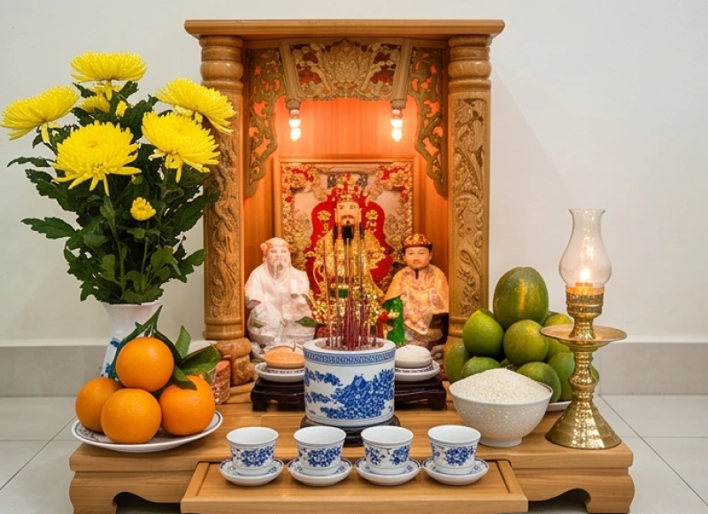 Ban thờ Thần Tài Thổ Địa được dọn dẹp sạch sẽ và bày biện mâm cúng tươm tất trong chiều ba mươi Tết
