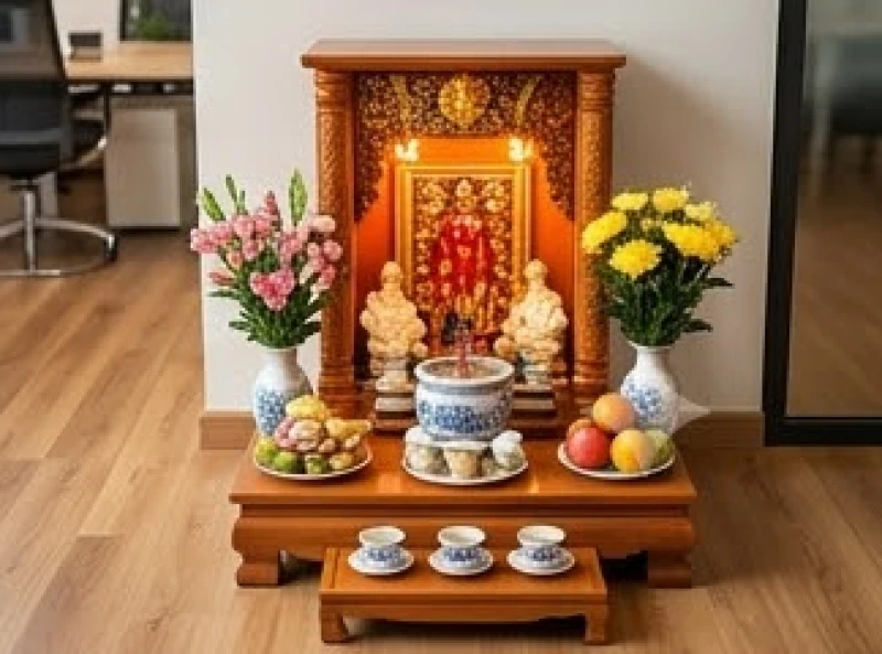 Văn khấn tất niên tại công ty: Bài cúng chuẩn không lẫn gia tiên 11 Ban thờ Thần Tài Thổ Địa tại văn phòng được lau dọn sạch sẽ và bày biện hoa quả tươi tắn