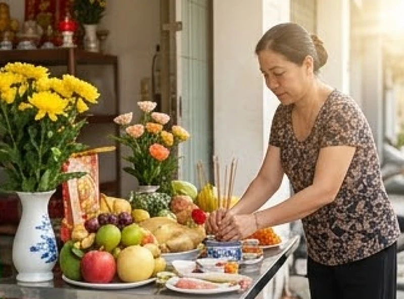 Văn khấn tất niên tại cửa hàng: Bài cúng chuẩn chiêu tài lộc 2 Mâm cúng tất niên tại cửa hàng được bày biện tươm tất vào thời điểm sáng sớm để đón nguồn dương khí