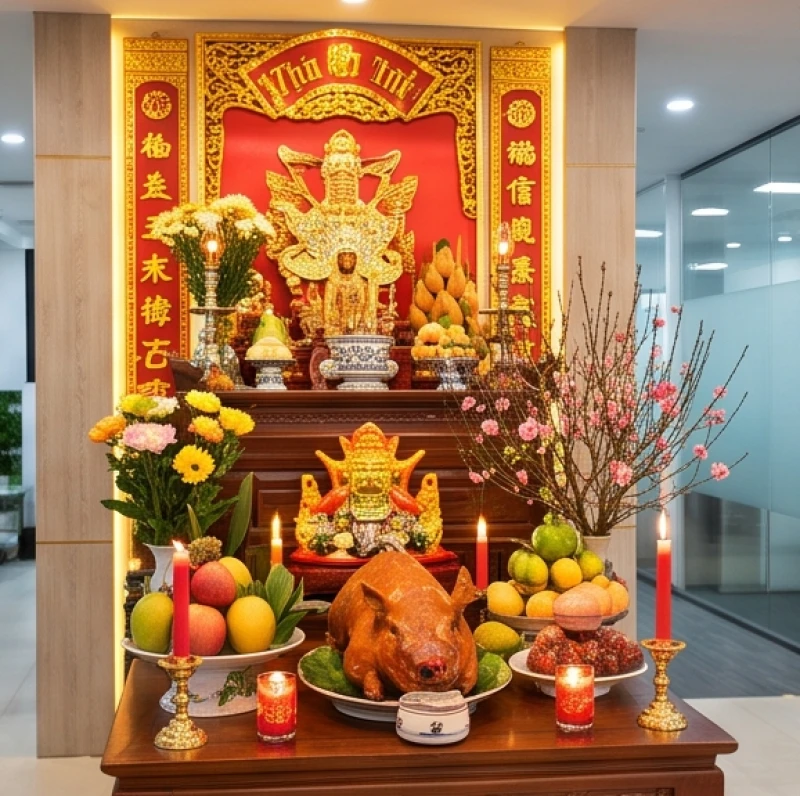 Văn khấn tất niên chiều 30 Tết: Bài cúng chuẩn và nghi thức hạ lễ 6 Mâm cúng tất niên được đặt trang trọng trước bàn thờ Thần Tài Thổ Địa tại sảnh chính của văn phòng công ty