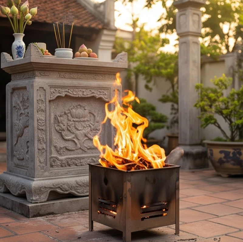 Gia chủ cẩn thận đốt giấy tiền vàng mã rực rỡ trong chiếc lư hóa vàng ngay sát cạnh bàn thờ Thiên