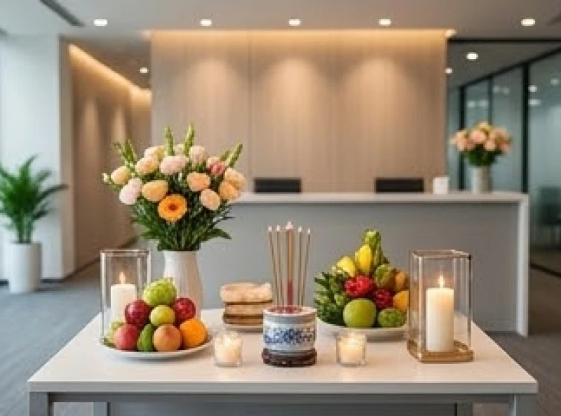 Văn khấn tất niên tại công ty: Bài cúng chuẩn không lẫn gia tiên 7 Bàn cúng tất niên nhỏ gọn được đặt tại khu vực sảnh lễ tân của một văn phòng trên tầng cao