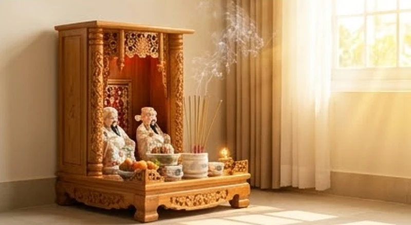Bàn thờ Thần Tài đón ánh nắng bình minh ấm áp vào khung giờ hoàng đạo buổi sáng