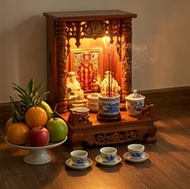 Mâm lễ nhỏ gọn với trái cây tươi và chén nước trong đặt trước bàn thờ Thần Tài dưới đất