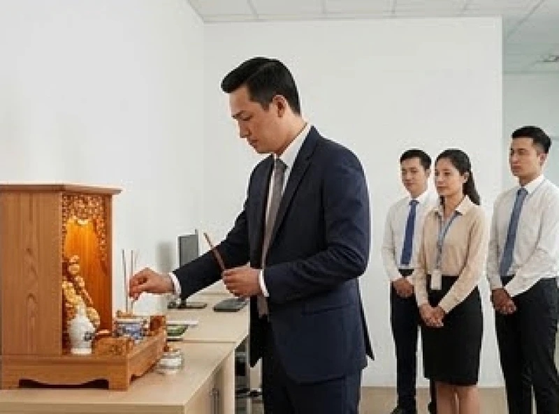 Văn khấn Thần Tài mùng 1: Mâm lễ, giờ hoàng đạo và cách đọc chuẩn 9 Giám đốc công ty trực tiếp châm hương cúng Thần Tài trong khi các nhân viên đứng nghiêm trang phía sau