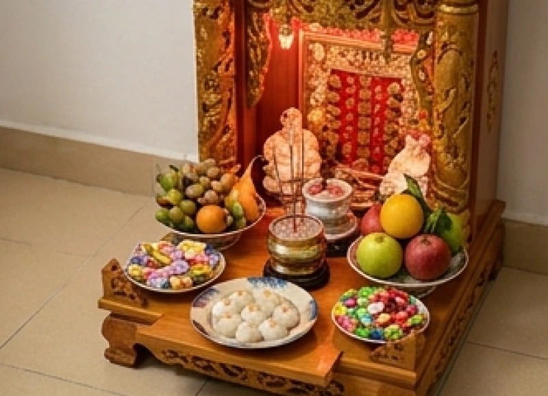 Mâm lễ nhỏ nhắn dâng lên ban Thần Tài Thổ Địa gồm đĩa bánh trôi, bánh chay, kẹo ngọt và hoa quả tươi rực rỡ cầu mong may mắn