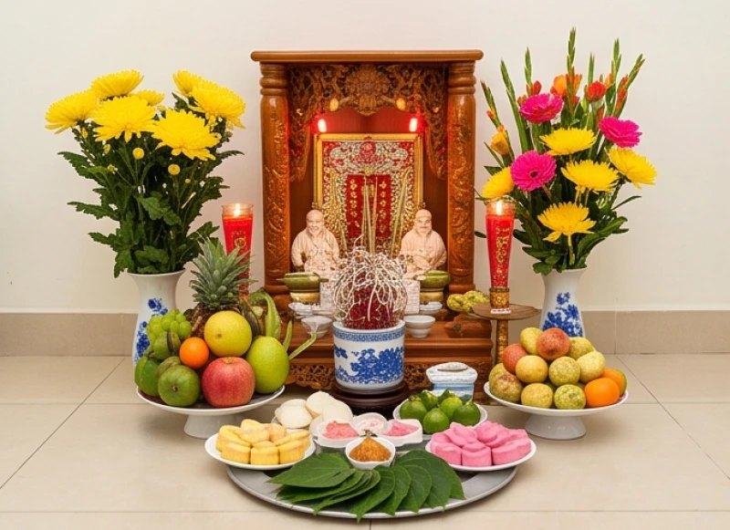 Văn khấn tảo mộ tiết Thanh Minh: 3 bài cúng chuẩn và giờ đẹp 8 Bàn thờ Thần Tài Thổ Địa được trang hoàng rực rỡ với hoa tươi và mâm ngũ quả để tạ ơn trong tiết Thanh Minh