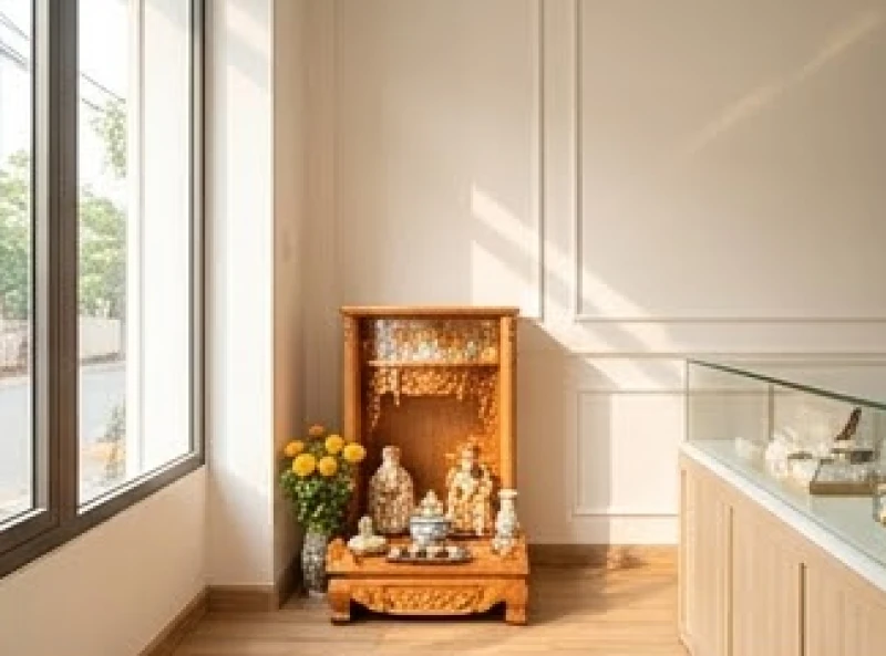Cách bài trí bàn thờ Thần Tài cho tuổi Sửu: chuẩn hướng 5 nạp âm 2 Không gian kinh doanh sáng sủa với bàn thờ Thần Tài được đặt tại cung Thiên Lộc hướng Đông Nam