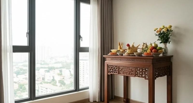 Bàn cúng thôi nôi đặt cạnh cửa sổ kính lớn trong căn hộ chung cư ngập tràn ánh sáng