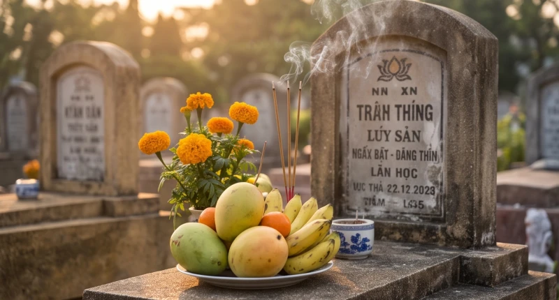 Văn khấn ngày giỗ chuẩn truyền thống: Trình tự nghi lễ bài bản 12 Mâm lễ vật nhỏ cùng nhang đèn được thắp sáng để dâng cúng ngoài phần mộ người đã khuất