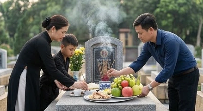 Văn khấn cáo giỗ ngoài mộ: Bài cúng chuẩn & nghi thức thực địa 1 Người nhà sửa sang và thắp hương tại phần mộ gia tiên trong ngày cúng cáo giỗ ngoài mộ