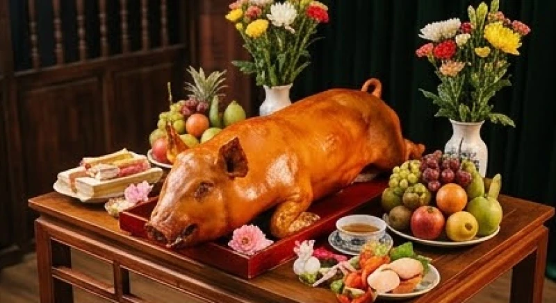 Heo quay nguyên con vàng rộm được dâng lên bàn thờ cúng tổ nghề sân khấu