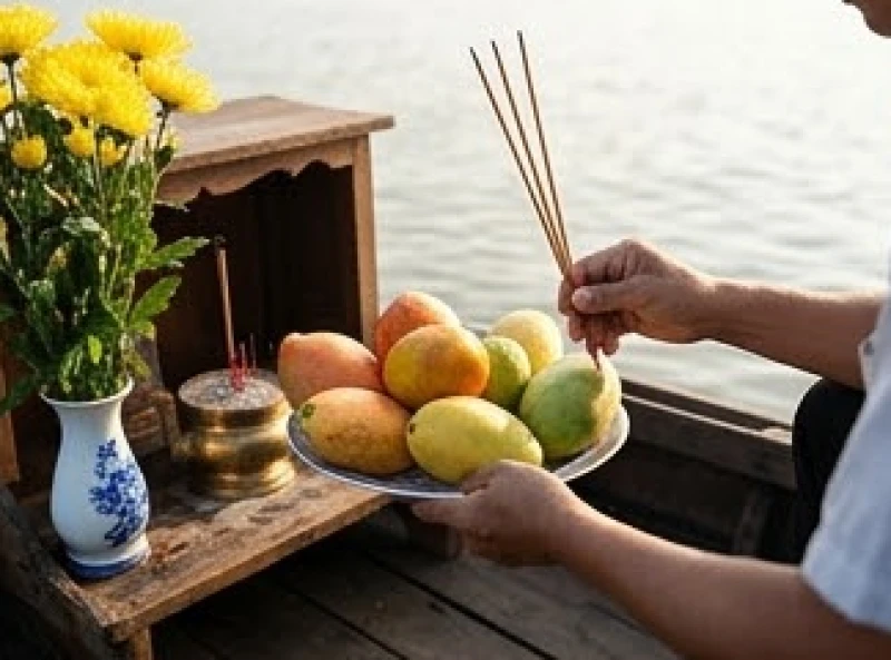 Văn khấn cúng Bà Cậu: bài cúng chuẩn và nghi thức dâng lễ 3 Chủ ghe dâng đĩa trái cây tươi và thắp nhang trên bàn thờ vào sáng sớm