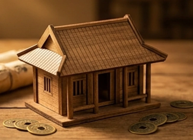 Mô hình mái nhà cổ bằng gỗ đặt cạnh những đồng tiền xu phong thủy tài lộc