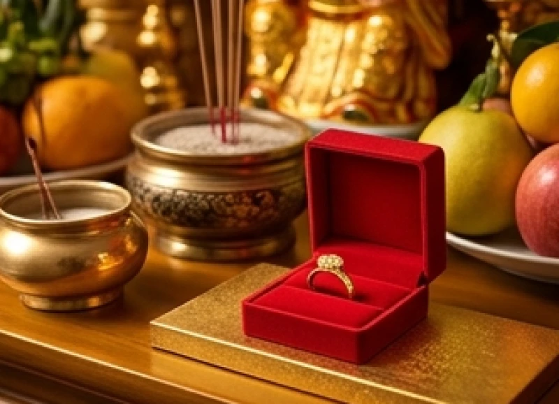 Nhẫn kim tiền và vàng ép vỉ 24K được đặt trang trọng cạnh bát hương để lấy vía tài lộc