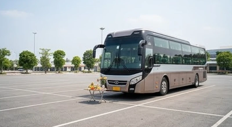 Đặt mâm lễ cúng xe khách tại bãi đỗ rộng rãi với hướng nhìn ra đường lớn đón tài lộc