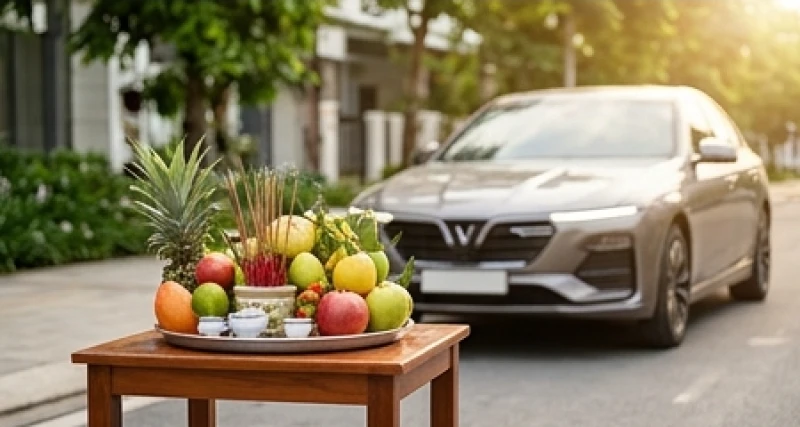 Mâm lễ cúng xe ô tô mới được đặt trang nghiêm trên một chiếc bàn nhỏ cách xa khu vực bình xăng