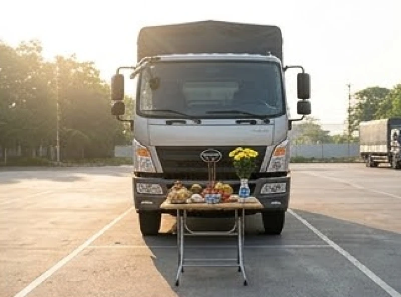 Xe tải đậu ở bãi rộng với nhang đèn sáng để thực hiện nghi thức cúng định kỳ hàng tháng