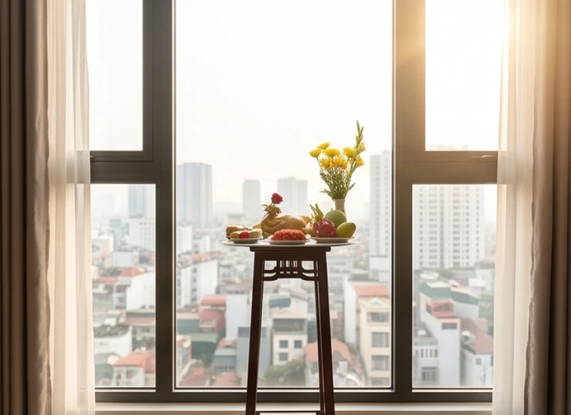 Đặt mâm lễ cúng xuất hành gọn gàng trên chiếc bàn nhỏ ngoài ban công hoặc phòng khách chung cư