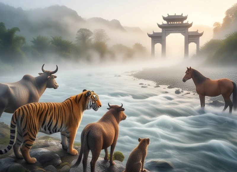 Nhiều loài động vật tụ tập bên bờ sông lớn chuẩn bị cho cuộc đua của Ngọc Hoàng